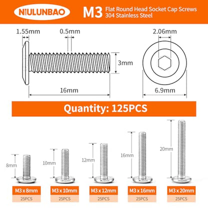 M3 x 8mm 10mm 12mm 16mm 20mm Flat Round Head Hex Socket Cap Screws Bolts, Furniture Screws, 304 Stainless Steel, Metric Fully Threaded, Allen Hex Drive, Bright Finish, Assortment Kit 125PCS - size: M3 x 8/10/12/16/20mm (125PCS)