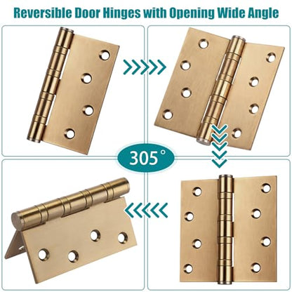 6 Pack Brass 4'' Ball Bearing Door Hinges, 4 x 4 Inch Exterior Door Hinge - color: Brass