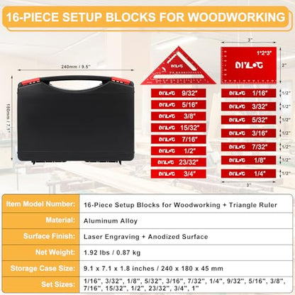 Setup Blocks Woodworking, Setup Blocks Height Gauge Set, 16 PCS Setup Blocks with Set Up Blocks for Woodworking, Case, Square Ruler, Aluminum Setup Bars for Router and Table Saw Accessories