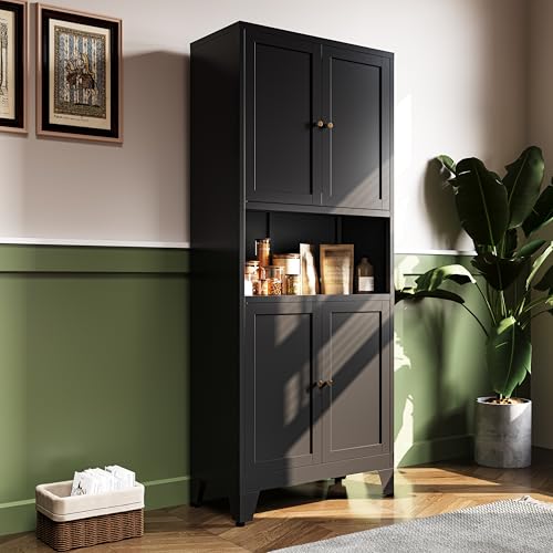 69" H Kitchen Pantry Cabinet with Countertop,Kitchen Hutch Cabinet with Storage,Black Metal Storage Cabinet,Microwave Cabinet, - color: Black, size: 69"H