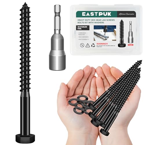 (8Sets) 3/8" x 4-1/2" Hex Head Lag Bolts, Heavy Duty Lag Screws with Washers, 304 Stainless Steel, 3/8 Bolt for Wood, Partial Thread, Black Oxide - size: 3/8" x 4-1/2"