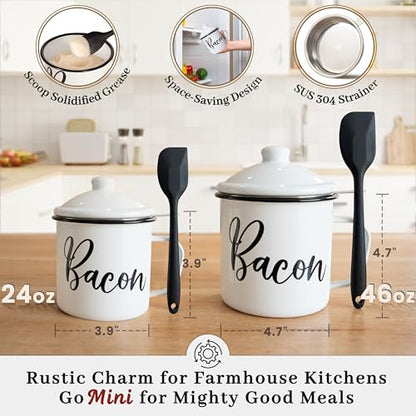 Ayerphalo 24oz Enamel Bacon Grease Container with Strainer, Farmhouse White - color: White, size: 24oz
