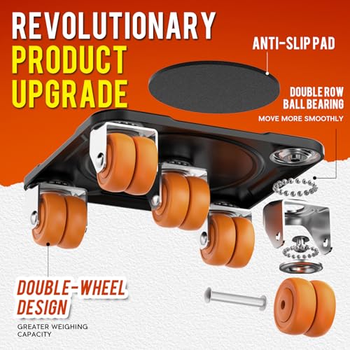 Furniture Movers with 10 Wheels – Upgraded Dual Wheel Design, Carbon Steel Panel Heavy Duty Dolly with Lifter, Max Load 3527 LBS, More Stable & Smoother Moves