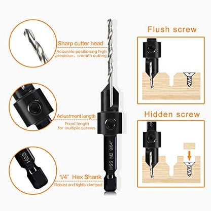 3 Pack Countersink Drill Bit Set #10#12#16, 3in1 Woodworking Counterbore Hole Saw Drill Bits, Depth Adjustable M2 Pilot Drill Bits, 82-Degree Chamfer, 1/4" Hex Shank, with 1 Allen Wrench - size: 3 Pack Countersink Drill Bits