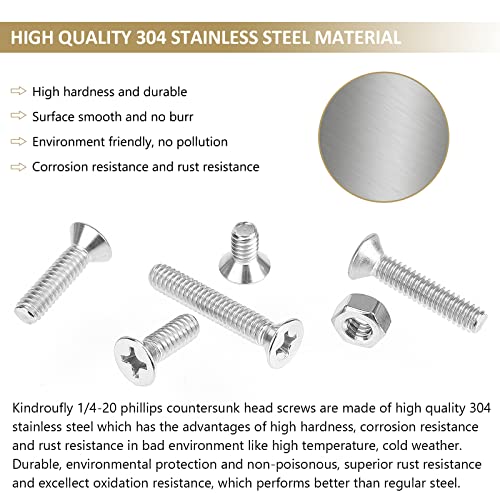 52 Pieces 1/4-20x 1/2", 3/4", 1", 1-1/4", 1-1/2", Phillips Countersunk Head Machine Screws Nuts Assortment Kit, 304 Stainless Steel, Fully Machine Thread - size: 1/4"-20