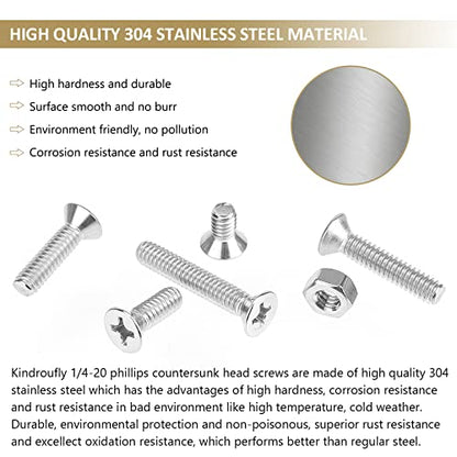 52 Pieces 1/4-20x 1/2", 3/4", 1", 1-1/4", 1-1/2", Phillips Countersunk Head Machine Screws Nuts Assortment Kit, 304 Stainless Steel, Fully Machine Thread - size: 1/4"-20