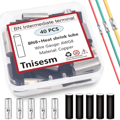 Tnisesm 20 Pcs 8 AWG Gauge Non Insulated Butt Connectors, Butt Splice Wire Connectors, Electrical Wire Seamless Uninsulated Butt Connectors Crimp Ferrule Terminals BN8 - size: 8 AWG