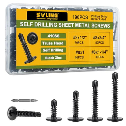 Black Self Tapping Screws Assortment Kit 190PCS, Modified Truss Head - size: B #8 190PCS