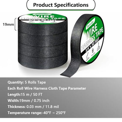 5 Rolls High Temp Wire Harness Tape, 250 FT Automotive Cloth Tape for Engine Wiring Loom, Electrical Cable Bundling, Noise & Vibration Damping, 3/4 in x 50 ft Each - style: 5-pack