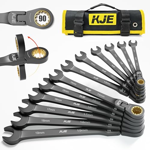 KJE 90-Teeth Metric 180° Flex-Head Ratcheting Wrench Set, Cr-V Steel, 12-Piece Metric 8-19mm Combination Wrenches set, Nickel Plating, with Organizer Bag, for Auto, Machine Repair, Gift - size: 12PCS Metric 8 - 19 mm