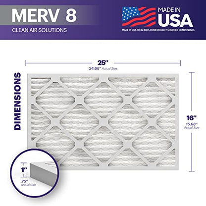 BNX 16x25x1 MERV 8 Air Filter 2 Pack - MADE IN USA - Electrostatic Pleated Air Conditioner HVAC AC Furnace Filters - Removes Dust, Mold, Pollen, Lint - size: 16x25x1 2-Pack