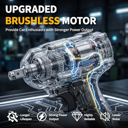 FULLYEA Cordless Impact Wrench 1/2, Max 550N. M/406Ft-lbs High Torque Brushless Impact Wrench, Power Impact Gun Kit with 21V 4.0Ah Battery & Fast Charger, Electric Impact Driver for Truck RV Home Car