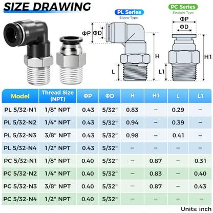 TAILONZ 5/32" x 1/8" NPT Push to Connect Straight & Elbow Fitting Kit 12Pcs - size: 5/32"OD x 1/8"NPT