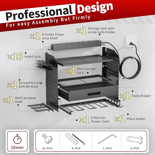 Power Tool Organizer Wall Mount with Charging Station & Drawers - size: Small