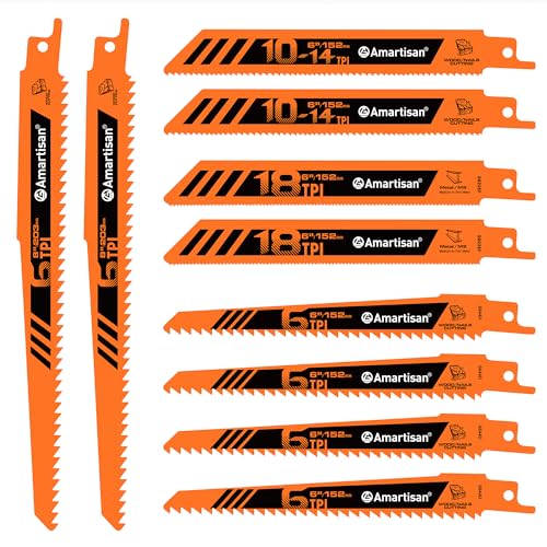 AMARTISAN 10-Piece Bi-Metal Reciprocating Saw Blade Set 6 to 8 Inch Used for Wood & Metal Cutting, Drywall, Plastic and Composite Materials - size: Reciprocating Saw Blades (10-Piece)