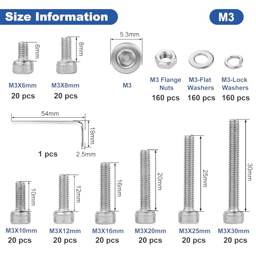 640Pcs Metric M3 Hex Socket Head Cap Screws Assortment Kit, M3x 6/8/10/12/16/20/25/30mm Internal Hex Drive Allen Bolts Nuts and Washers Set Kit, 304 Stainless Steel, Fully Threaded, Pitch: 0.5mm