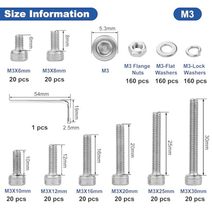 640Pcs Metric M3 Hex Socket Head Cap Screws Assortment Kit, M3x 6/8/10/12/16/20/25/30mm Internal Hex Drive Allen Bolts Nuts and Washers Set Kit, 304 Stainless Steel, Fully Threaded, Pitch: 0.5mm