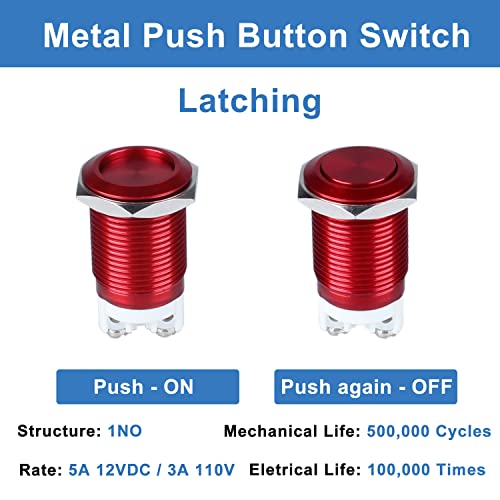 2-Pack 16mm Latching Metal Push Button Switch Waterproof IP66 Anti-Vandal IK09 for 5/8" Mounting Hole Screw Terminals 12V 24V 36V DC 110V 250V AC 5A 1NO Aluminium Alloy Red Shell - color: Red, size: 16mm 2pcs