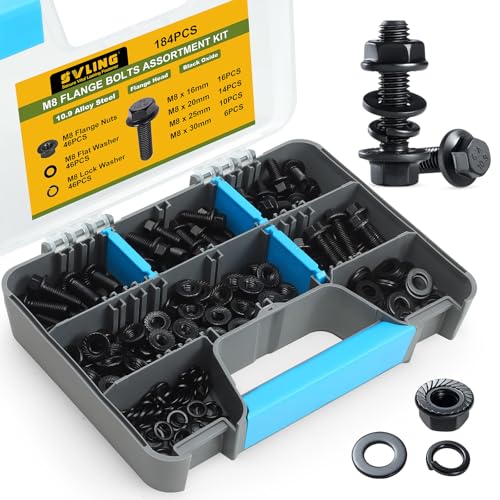 M8-1.25 Bolt Flange Head Bolts Assortment Kit,184Pcs Metric Bolts and Nuts Kit Serrated Flange Nuts Washers,10.9 Alloy Steel Black Zinc Plated(M8x16/20/25/30mm) - size: Black M8 184PCS Flanged Bolt