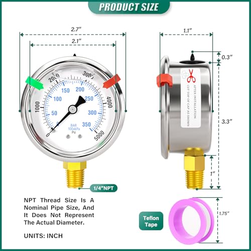 0-5000PSI Stainless Steel Glycerin Liquid Filled Pressure Gauge, 1/4" NPT 2.5" Dial, Lower Mount, Designed for Pressure Testing of Water, Oil and Air (with Range Mark Pointer) - size: 0-5000Psi