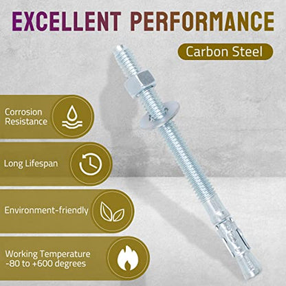1/2 Concrete Anchors, Zinc-Plated Steel Wedge Anchors, 12 Pack - size: 1/2" x 5-1/2"