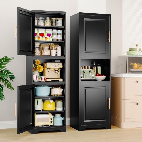 SISESOL 67" Tall Narrow Bathroom Storage Cabinet, 2 Door and 7 Shelves Slim Kitchen Pantry Cabinet, Black Metal Bathroom Cabinets,Large Cupboard for Home,Kitchen,Laundry,Bathroom - color: Black, size: 18.5"W
