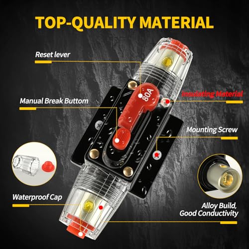 80 Amp Manual Reset Circuit Breaker DC 12-48V Waterproof Inline Fuse Holder, 3-15 AWG Overload Protection for Car Audio Sound Amplifier System RV Marine Boat Truck Solar (Pack of 2) - style: 80A