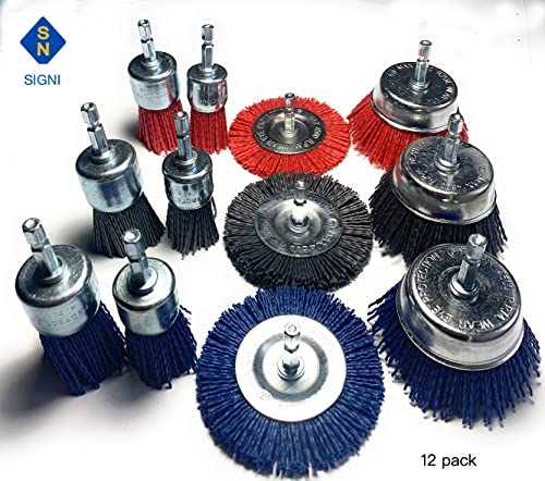 Signi 12 Pack Nylon Bristle Filament Abrasive Brush Drill Wheel and Cup Brush Set with 1/4 Inch Shank, Surface prep Remove Rust/Corrosion/Paint (3" Wheel, Hex Shank) - style: 3" wheel
