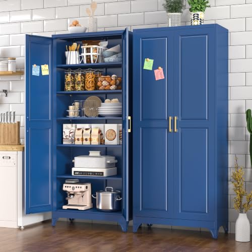 Polup 75" Pantry Cabinet, Tall Metal Storage Cabinet with Doors and Shelves - color: Blue, size: 75"H
