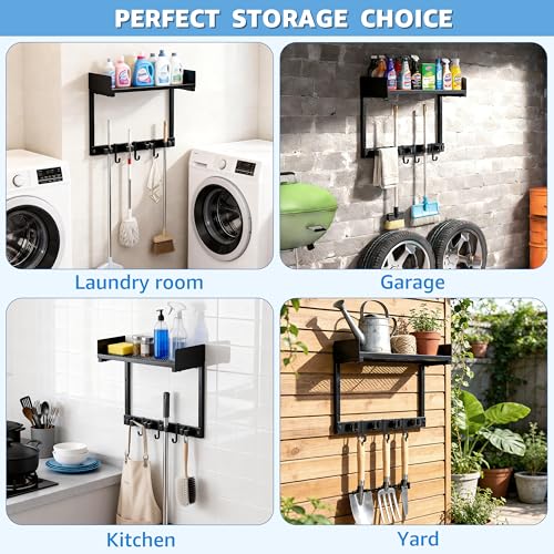 HUFAND 15" Wall Mounted Broom Holder and Mop Organizer with Shelf and Hook - color: Black, size: Small