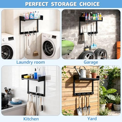 HUFAND 15" Wall Mounted Broom Holder and Mop Organizer with Shelf and Hook - color: Black, size: Small