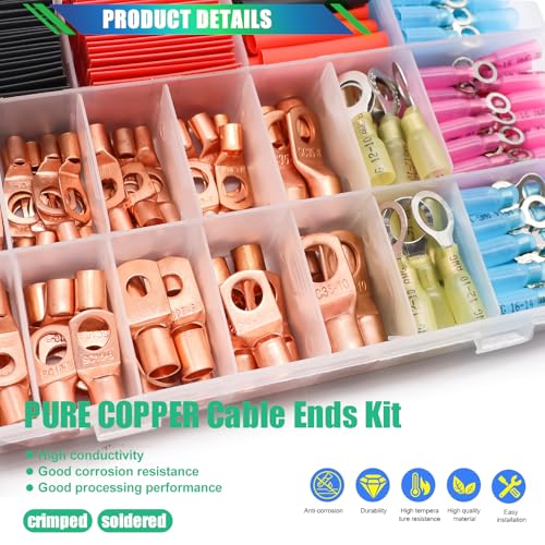 Twidec/180PCS Battery Cable Ends AWG 2 4 6 8 10 12 14 16 Gauge Copper Cable Wire Lugs,Ring Terminals Connectors,Copper Ring Terminals Connectors with Heat Shrink and Hammer Lug Crimper Tool - color: 181PCS