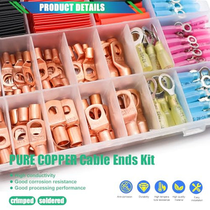 Twidec/180PCS Battery Cable Ends AWG 2 4 6 8 10 12 14 16 Gauge Copper Cable Wire Lugs,Ring Terminals Connectors,Copper Ring Terminals Connectors with Heat Shrink and Hammer Lug Crimper Tool - color: 181PCS