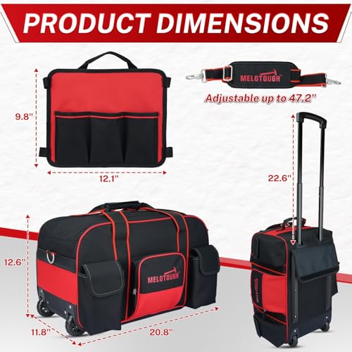 MELOTOUGH Rolling Tool Bag with Wheels, Heavy Duty Large Tool Bag with Concealed Telescoping Handle, Multi-Pocket Organizer for Construction, Electrician, HVAC, Mechanic - 4 Carrying Options (Red) - style: Rolling Tool Bag Only