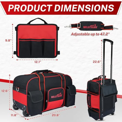 MELOTOUGH Rolling Tool Bag with Wheels, Heavy Duty Large Tool Bag with Concealed Telescoping Handle, Multi-Pocket Organizer for Construction, Electrician, HVAC, Mechanic - 4 Carrying Options (Red) - style: Rolling Tool Bag Only