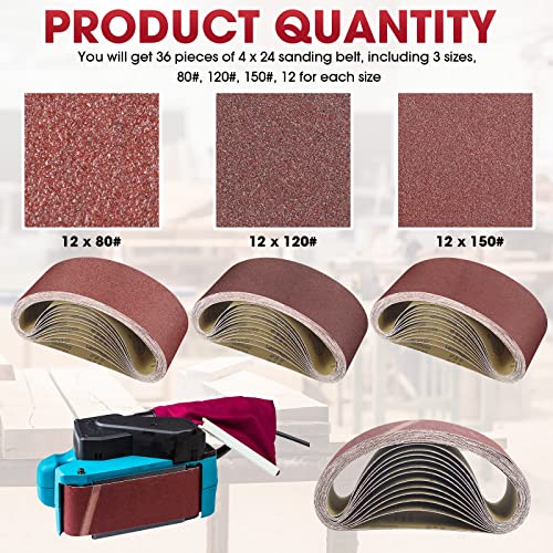 36 Pieces Sanding Belt Abrasive Sanding Belts Grinding Belt Sander Paper 4 x 24 Inch Aluminum Oxide Sandpaper Belts for Sander Machine Woodworking Metal Stone 12 Pcs Each of 80 120 150 Assorted Grit