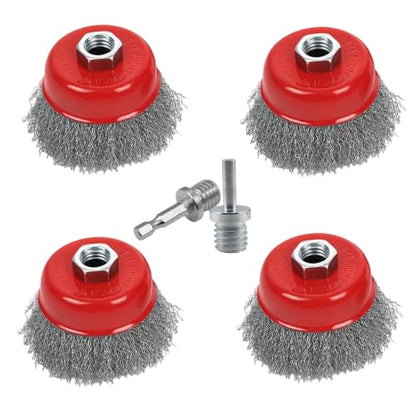 4 Pcs 3" Coarse Crimped Wire Wheel Cup Brush for 4-1/2" Angle Grinder 5/8"-11 UNC Arbor, 0.014”Carbon Steel Wire Brush for Rust, Corrosion, Paint Removal(with 2 Pcs 1/4" Shank Drill Adapter) - style: 3" Coarse Crimped Wire Wheel Cup Brush