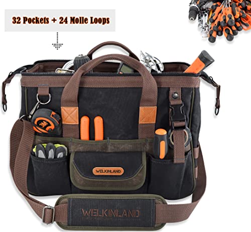 WELKINLAND 32-Pocket Waxed Canvas Tool Bag, 16" HVAC Tool Bag For Men