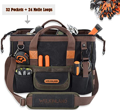 WELKINLAND 32-Pocket Waxed Canvas Tool Bag, 16" HVAC Tool Bag For Men