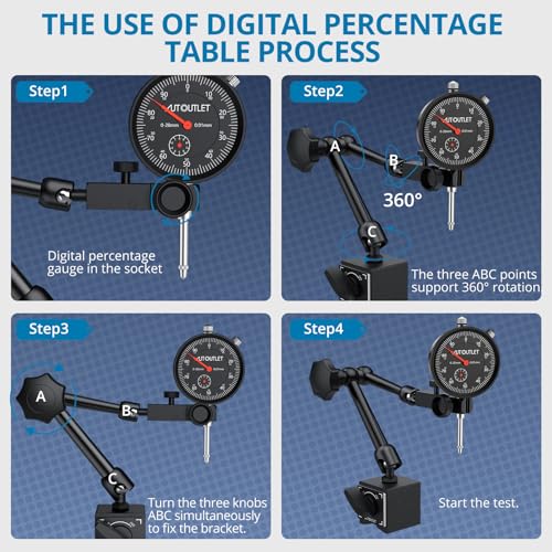 AUTOUTLET Dial Indicator with Magnetic Base, 0-1"/0.001" Magnetic Dial Indicator, 132lbs/60KG Max Pull Dial Gauge with Fine Adjustment Knob for 3D Printer, Lathe, CNC Machine, Workshop Use - size: 60
