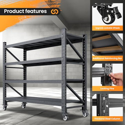 55.1” Wide Heavy Duty Metal Garage Shelving, Steel Shelf with Wheels - color: Matte Black, size: 55.1"Wx23.6"Dx75.6"H