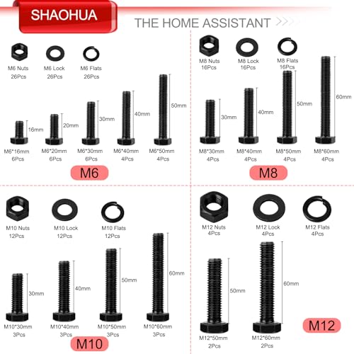 M6 M8 M10 M12 Metric Bolts and Nuts Assortment Kit 16MM to 60MM Grade 8 Hex Head Nuts Bolts Washers Assortment 15 Metric Sizes Nuts and Bolts Assortment Kit with Storage Case, 232PCS, Black - color: Black- 232PCS M6 M8 M10 M12