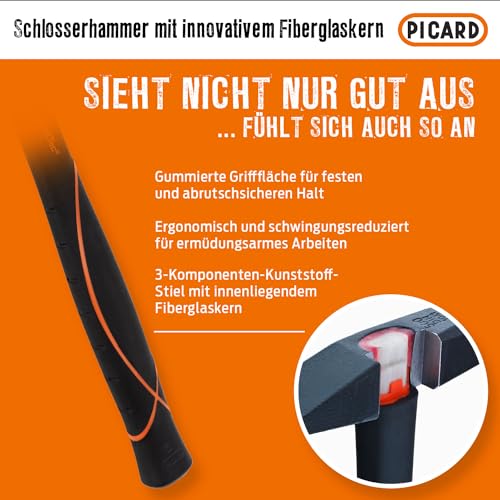 Picard Riveting Hammer BlackTec 800g – German Pattern, Cross Peen, Alloy Steel Head, Black Powder Coated, Low Vibration, Fiberglass Core Handle, Rubber Grip – 0032700-0800 - size: 800g