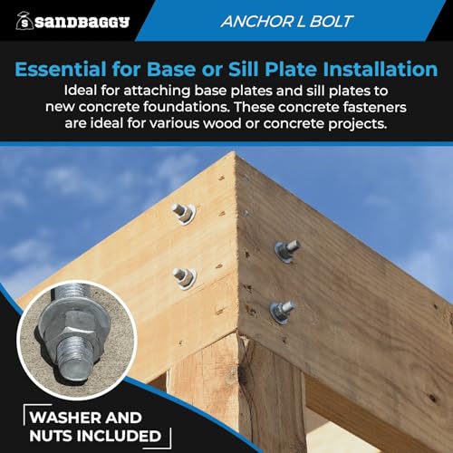 Sandbaggy 3/4" x 12" Threaded Concrete Anchor L-Bolts (Nuts & Washers Included) - Hot Dipped Galvanized - Sill Plate, Base Plate, Masonry, Wood, Cement Anchors, J Bolt (1, 3/4" x 12") - size: 3/4" x 12"