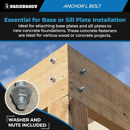 Sandbaggy 3/4" x 12" Threaded Concrete Anchor L-Bolts (Nuts & Washers Included) - Hot Dipped Galvanized - Sill Plate, Base Plate, Masonry, Wood, Cement Anchors, J Bolt (1, 3/4" x 12") - size: 3/4" x 12"