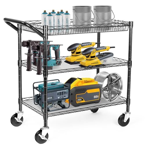 WDT Heavy Duty 3 Tier Utility Cart,Wire Rolling Cart with Wheels, Commercial Grade Service Cart with Shelving Liners and Handle Bar Metal Carts for Kitchen Office Hardware - color: 750lbs Capacity Black