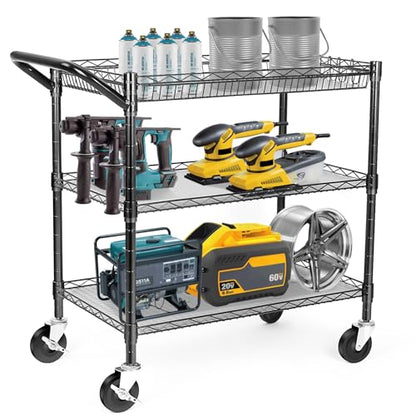 WDT Heavy Duty 3 Tier Utility Cart,Wire Rolling Cart with Wheels, Commercial Grade Service Cart with Shelving Liners and Handle Bar Metal Carts for Kitchen Office Hardware - color: 750lbs Capacity Black