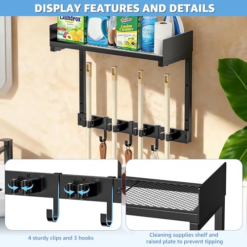 HUFAND 15" Wall Mounted Broom Holder and Mop Organizer with Shelf and Hook - color: Black, size: Small