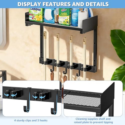HUFAND 15" Wall Mounted Broom Holder and Mop Organizer with Shelf and Hook - color: Black, size: Small