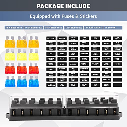 RED WOLF 12 Way Fuse Block Blade Box Holder Standard Circuit Fuses Holder Fit Car Trailer Truck SUV Boat Marine Auto RV Power Distribution Panel Damp-Proof Cover DC 10-32V - size: 12 Way